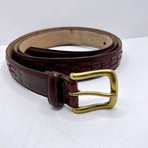 Mens Dark Brown Genuine Leather Belt Woven Inlay Solid Brass Buckle Size 50